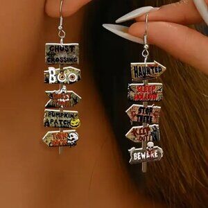Halloween Directional Sign Earrings - Haunted, Keep Out, Beware